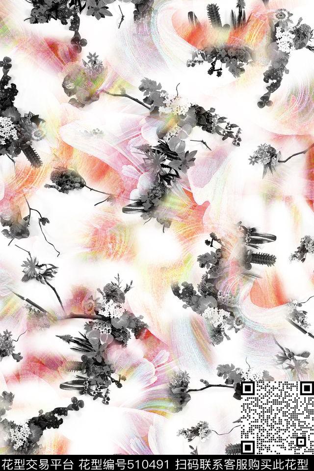 抽象底纹黑白抽象花组合休闲风数码印花华亿平台下载（图片编号: 510491） - 瓦栏（Walan）