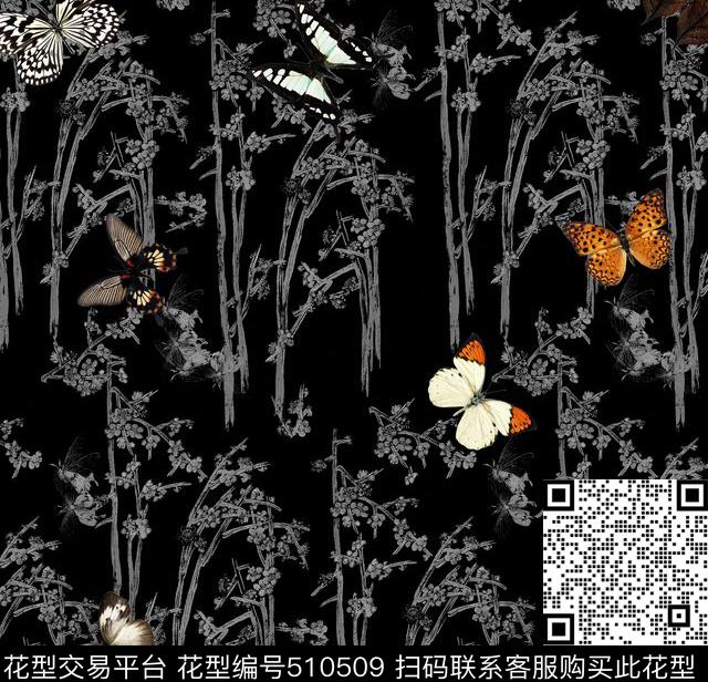 潮流时尚蝴蝶枝干男装印花数码印花华亿平台下载（图片编号: 510509） - 瓦栏（Walan）