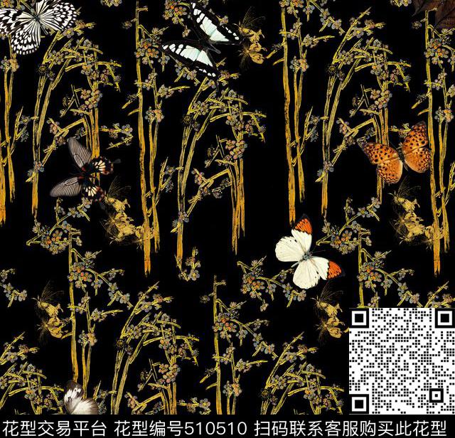 潮流时尚中国风手绘花枝数码印花华亿平台下载（图片编号: 510510） - 瓦栏（Walan）