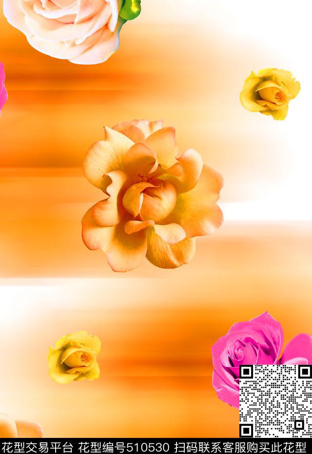 大朵花卉大牌时尚数码印花华亿平台下载（图片编号: 510530） - 瓦栏（Walan）