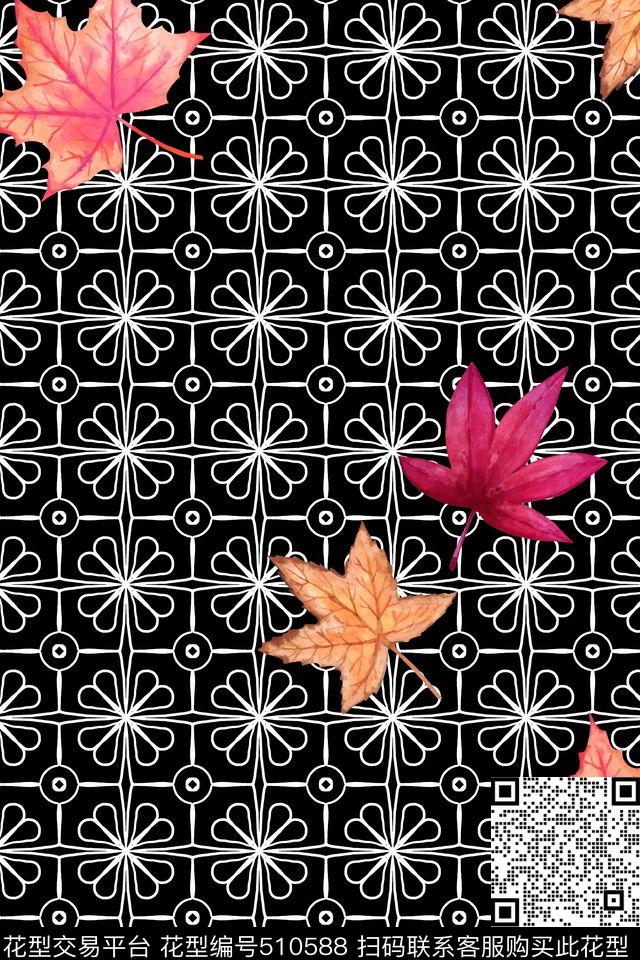 格子枫叶几何传统印花华亿平台下载（图片编号: 510588） - 瓦栏（Walan）