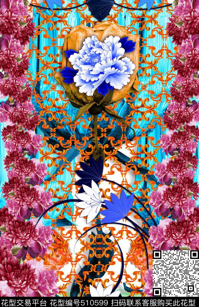 大朵花卉定位时尚数码印花华亿平台下载（图片编号: 510599） - 瓦栏（Walan）
