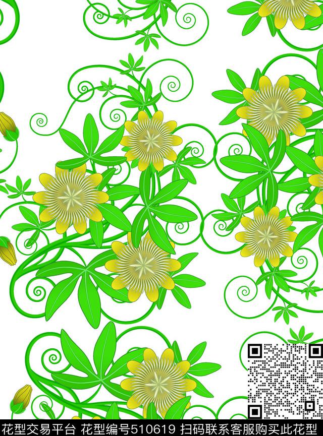 传统花卉螺旋纹藤蔓向日葵型花朵传统印花华亿平台下载（图片编号: 510619） - 瓦栏（Walan）