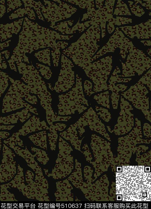 军装豹纹人物剪影传统印花华亿平台下载（图片编号: 510637） - 瓦栏（Walan）