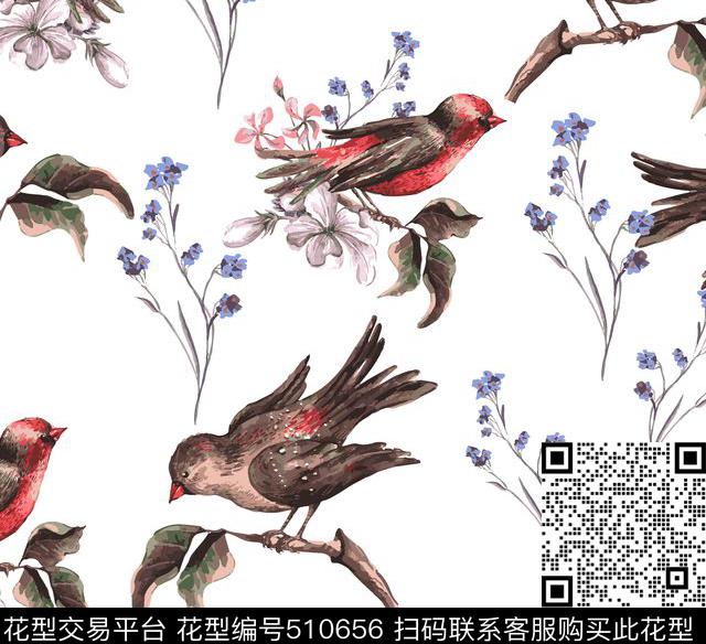 花卉花朵小碎花小鸟数码印花华亿平台下载（图片编号: 510656） - 瓦栏（Walan）