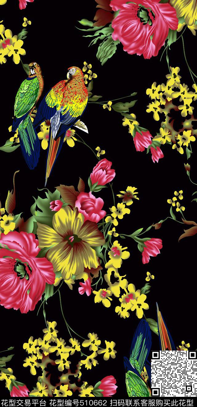 手绘花卉鸟儿数码印花华亿平台下载（图片编号: 510662） - 瓦栏（Walan）