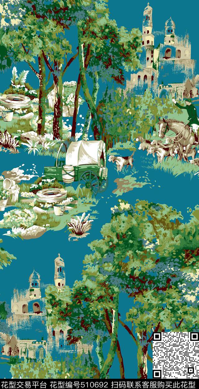 欧美风格房子树木潮流数码印花华亿平台下载（图片编号: 510692） - 瓦栏（Walan）