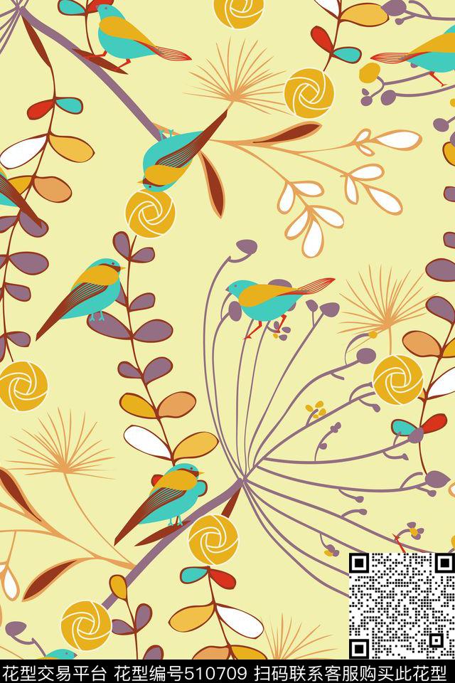 树杈小鸟枝干传统印花华亿平台下载（图片编号: 510709） - 瓦栏（Walan）