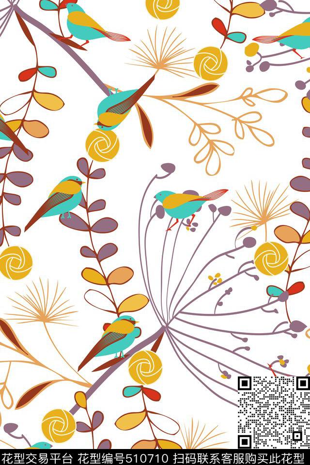 满版树杈小鸟传统印花华亿平台下载（图片编号: 510710） - 瓦栏（Walan）
