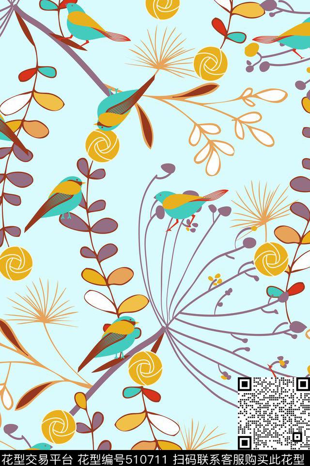 满版树杈小鸟传统印花华亿平台下载（图片编号: 510711） - 瓦栏（Walan）