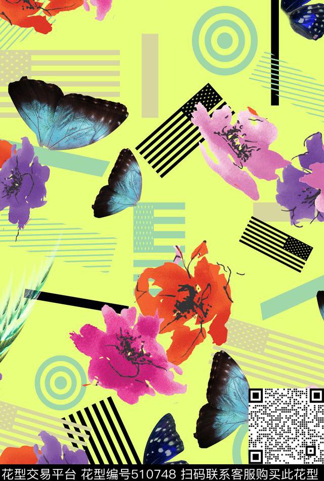几何蝴蝶翅膀抽象花卉数码印花华亿平台下载（图片编号: 510748） - 瓦栏（Walan）