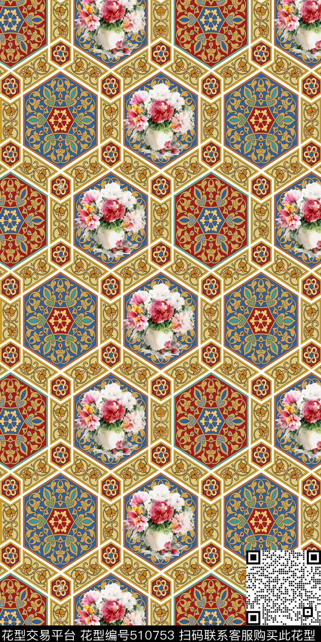 丝绸真丝棉布水彩花卉波斯花纹时尚流行新潮数码印花华亿平台下载（图片编号: 510753） - 瓦栏（Walan）