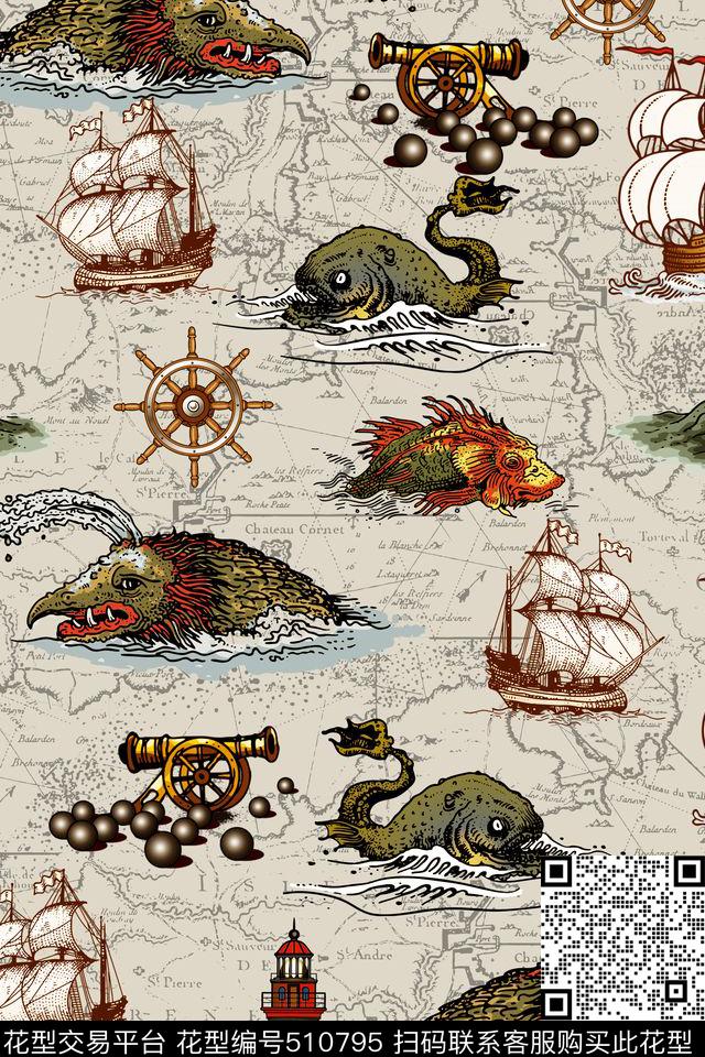 时尚手绘复古欧美航海地图时尚手绘复古欧美航海地图古典几何抽象线条走秀时装周鱼船海洋女装男装围巾H【抽象】数码印花华亿平台下载（图片编号: 510795） - 瓦栏（Walan）