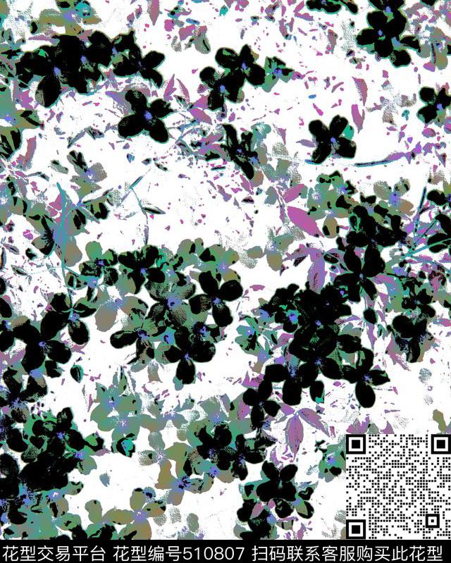 版画笔触花卉数码印花华亿平台下载（图片编号: 510807） - 瓦栏（Walan）