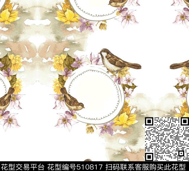 抽象花卉花环小鸟喜鹊麻雀对称规则数码印花华亿平台下载（图片编号: 510817） - 瓦栏（Walan）
