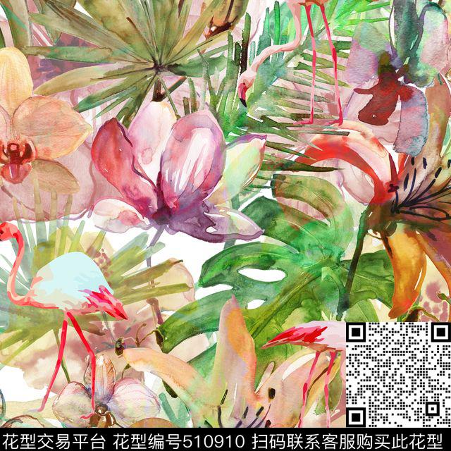 花卉火烈鸟流行时尚数码印花华亿平台下载（图片编号: 510910） - 瓦栏（Walan）