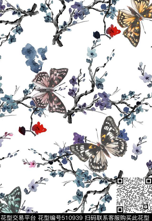 梅花蝴蝶田园数码印花华亿平台下载（图片编号: 510939） - 瓦栏（Walan）