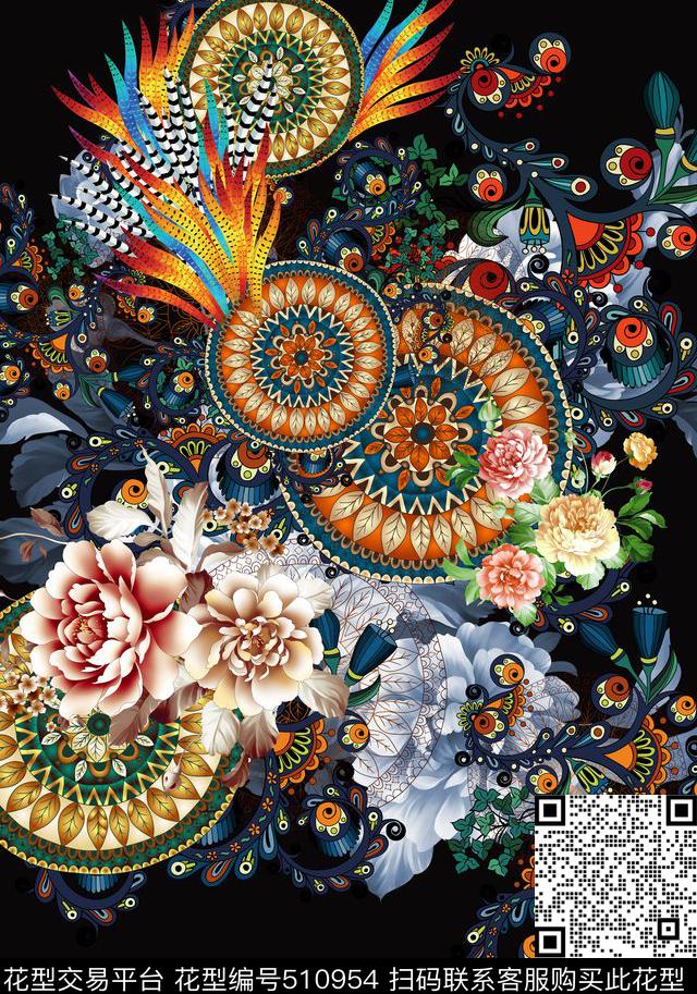 几何定位花卉数码印花华亿平台下载（图片编号: 510954） - 瓦栏（Walan）