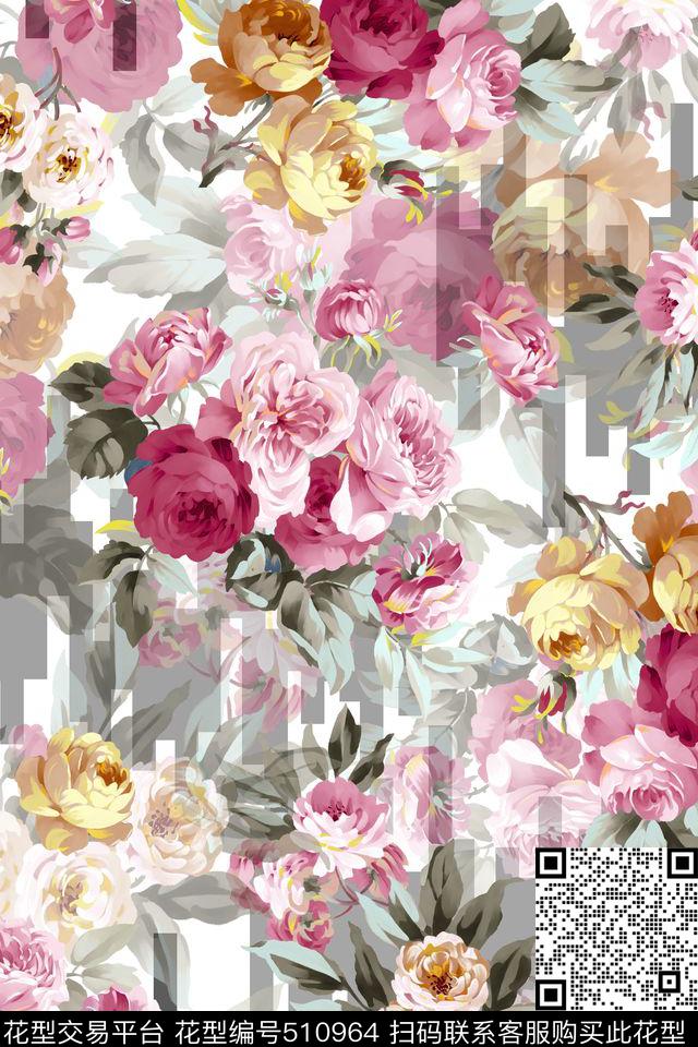 流行时尚条纹花卉数码印花华亿平台下载（图片编号: 510964） - 瓦栏（Walan）