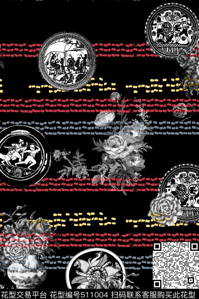 黑白花几何线条圆盘花纹数码印花华亿平台下载（图片编号: 511004） - 瓦栏（Walan）