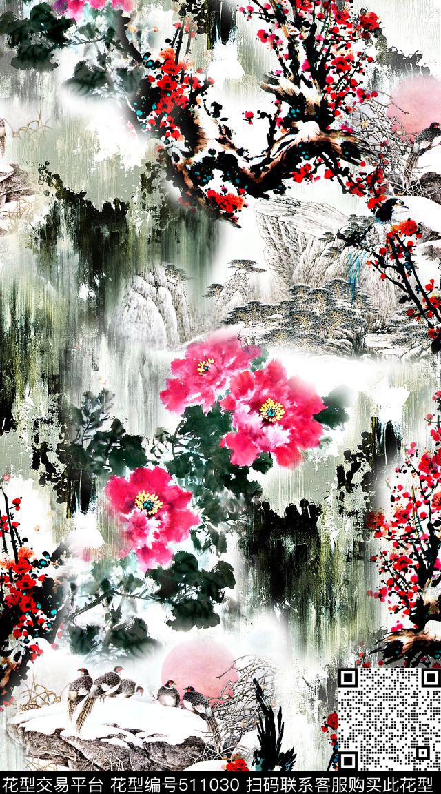 中国风古典牡丹数码印花华亿平台下载（图片编号: 511030） - 瓦栏（Walan）