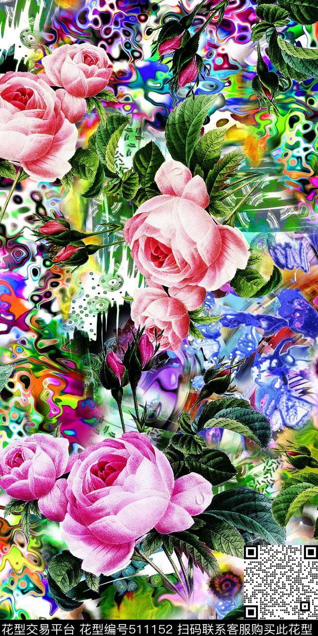 抽象绚丽水彩花卉女装连衣裙数码印花华亿平台下载（图片编号: 511152） - 瓦栏（Walan）