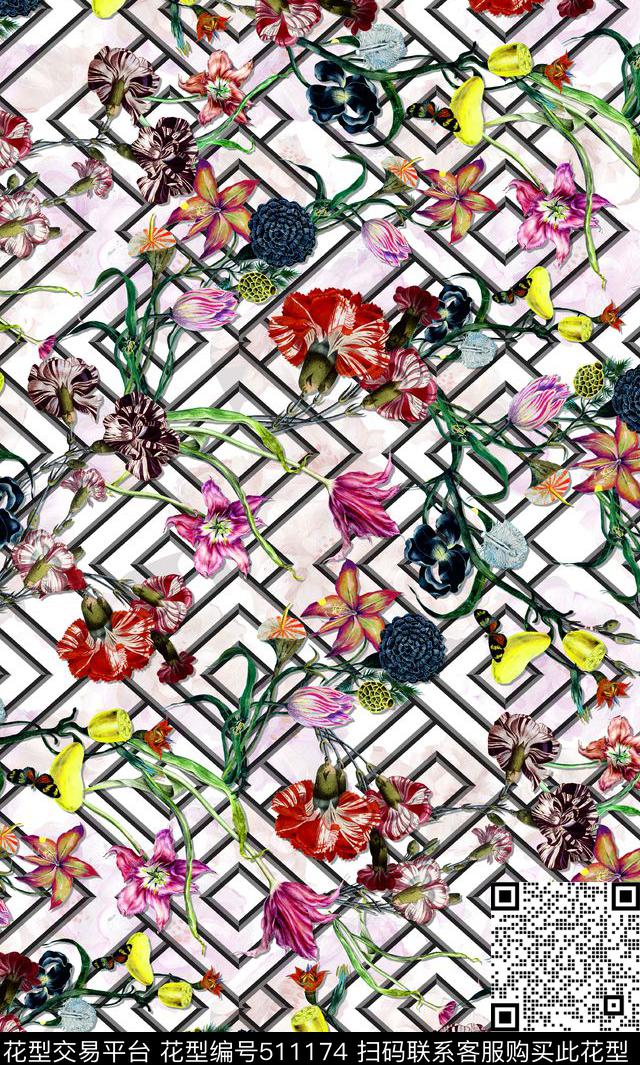 复古花卉窗格背景女装数码印花华亿平台下载（图片编号: 511174） - 瓦栏（Walan）