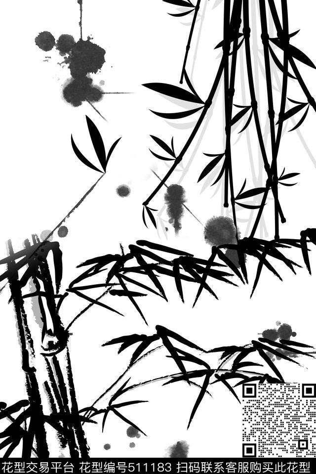 水墨竹数码印花华亿平台下载（图片编号: 511183） - 瓦栏（Walan）