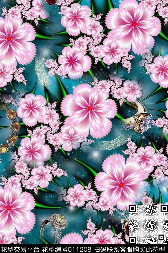 花卉珠宝分形几何花卉数码印花华亿平台下载（图片编号: 511208） - 瓦栏（Walan）