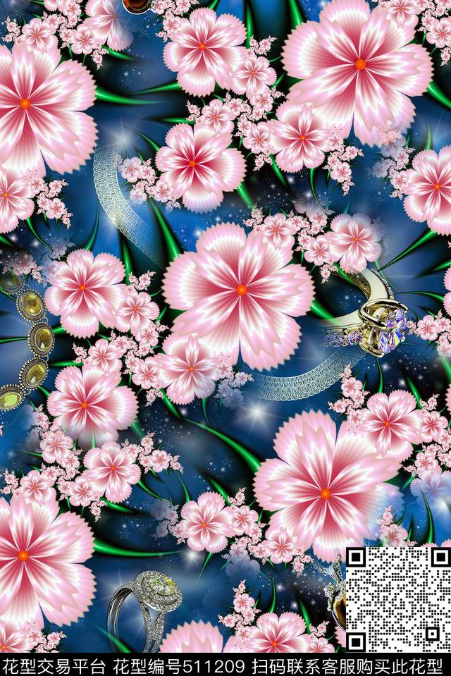 花卉珠宝分形几何花卉数码印花华亿平台下载（图片编号: 511209） - 瓦栏（Walan）