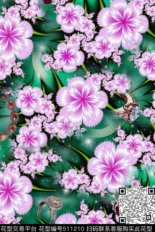 花卉珠宝分形几何花卉数码印花华亿平台下载（图片编号: 511210） - 瓦栏（Walan）