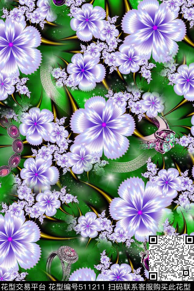 花卉珠宝分形几何花卉数码印花华亿平台下载（图片编号: 511211） - 瓦栏（Walan）