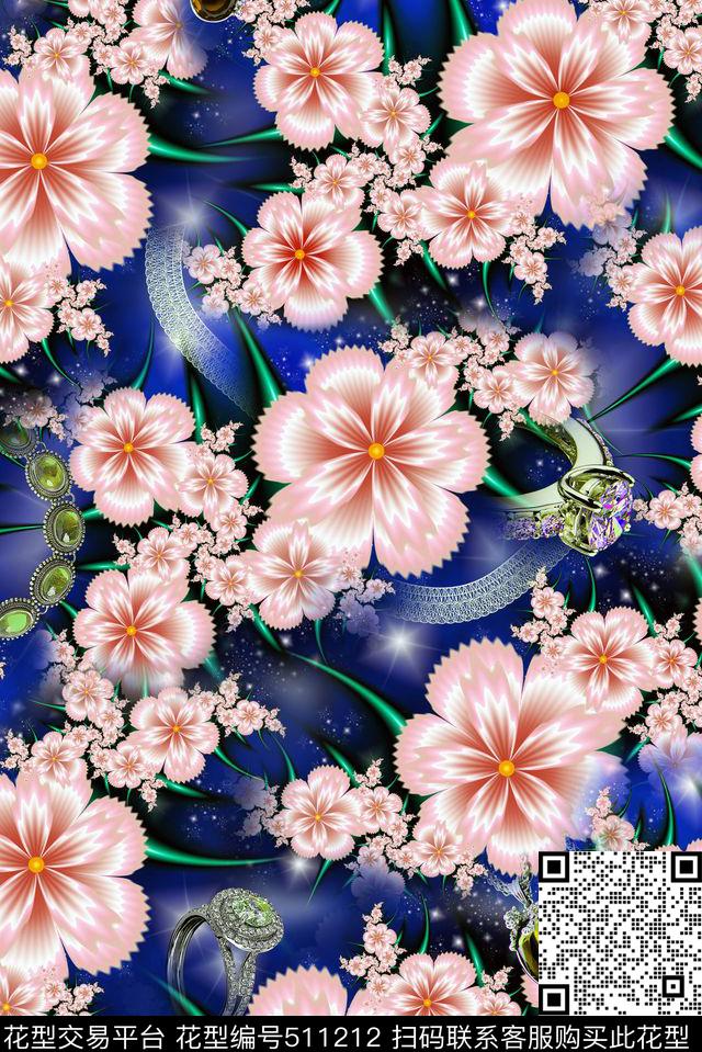 花卉珠宝分形几何花卉数码印花华亿平台下载（图片编号: 511212） - 瓦栏（Walan）