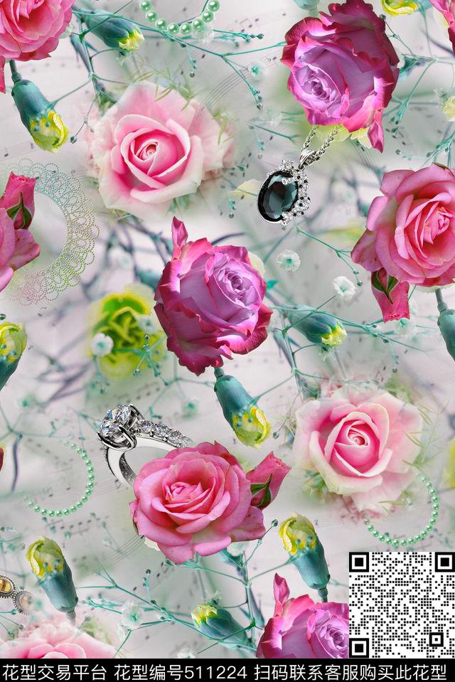 清爽花卉珠宝数码印花华亿平台下载（图片编号: 511224） - 瓦栏（Walan）