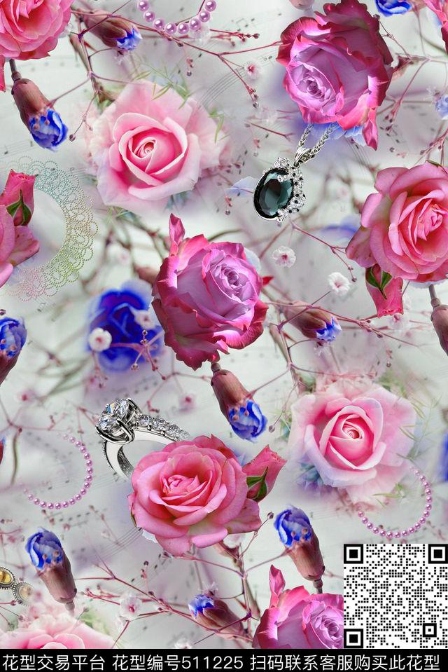 清爽花卉珠宝数码印花华亿平台下载（图片编号: 511225） - 瓦栏（Walan）