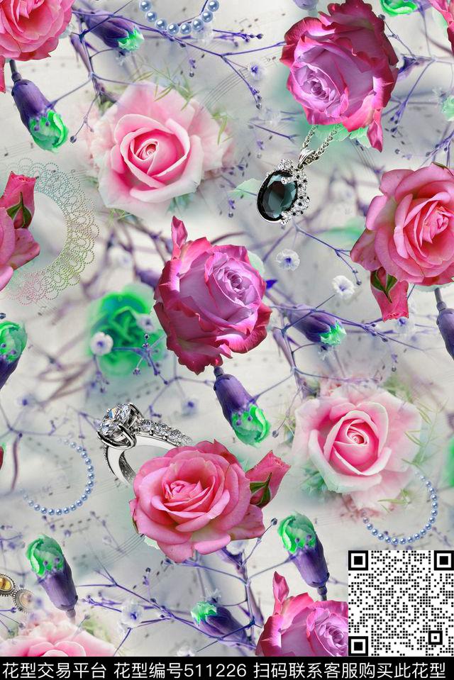 清爽花卉珠宝数码印花华亿平台下载（图片编号: 511226） - 瓦栏（Walan）