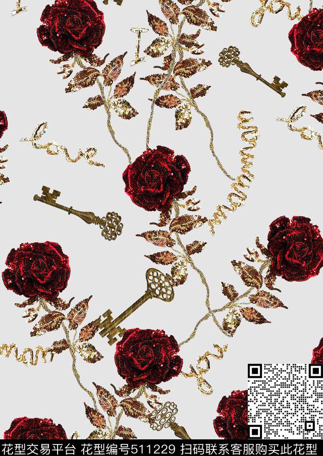 抽象玫瑰杜嘉班纳钥匙数码印花华亿平台下载（图片编号: 511229） - 瓦栏（Walan）