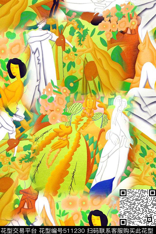 抽象花卉人物几何数码印花华亿平台下载（图片编号: 511230） - 瓦栏（Walan）