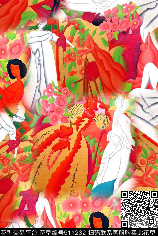 抽象花卉人物几何数码印花华亿平台下载（图片编号: 511232） - 瓦栏（Walan）