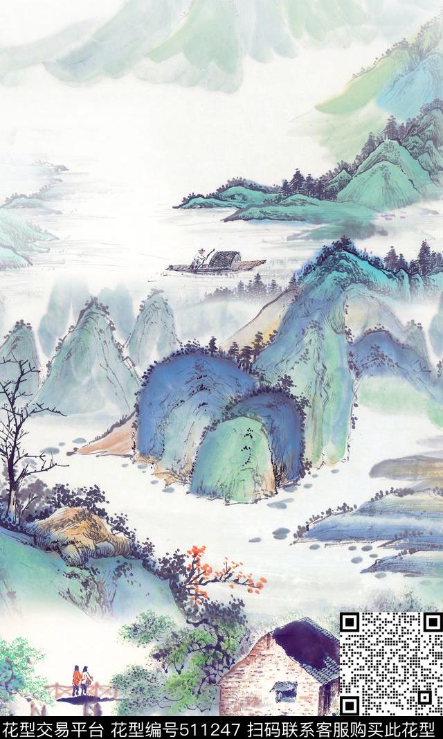 山水画中国风水墨画数码印花华亿平台下载（图片编号: 511247） - 瓦栏（Walan）