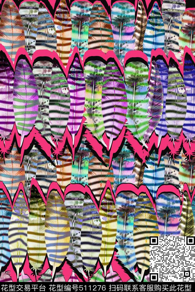 休闲时尚羽毛条纹数码印花华亿平台下载（图片编号: 511276） - 瓦栏（Walan）