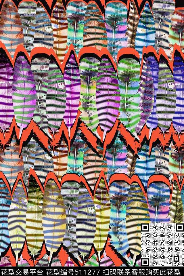 休闲时尚羽毛条纹数码印花华亿平台下载（图片编号: 511277） - 瓦栏（Walan）