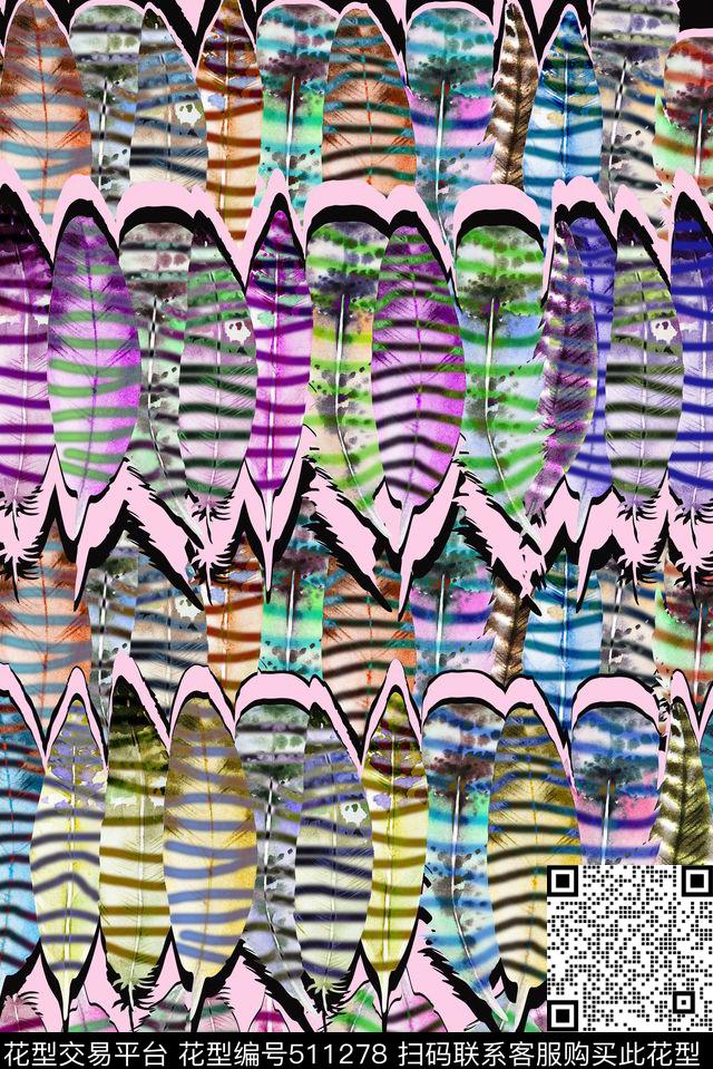 休闲时尚羽毛条纹数码印花华亿平台下载（图片编号: 511278） - 瓦栏（Walan）