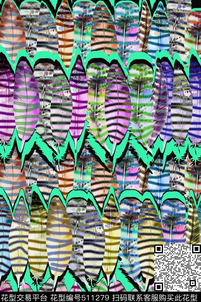 休闲时尚羽毛条纹数码印花华亿平台下载（图片编号: 511279） - 瓦栏（Walan）
