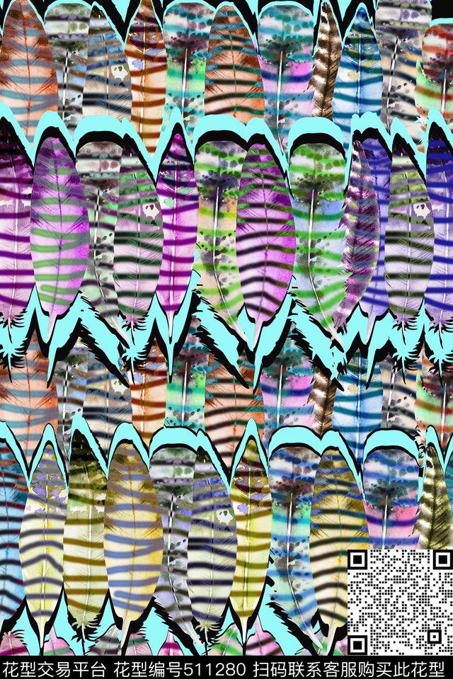 休闲时尚羽毛条纹数码印花华亿平台下载（图片编号: 511280） - 瓦栏（Walan）