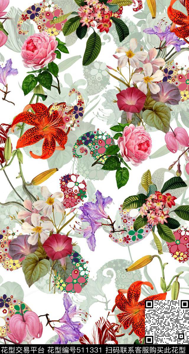 简单花卉组合手绘花卉数码印花华亿平台下载（图片编号: 511331） - 瓦栏（Walan）