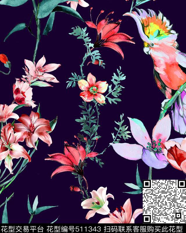 手绘水彩手绘花卉数码印花华亿平台下载（图片编号: 511343） - 瓦栏（Walan）
