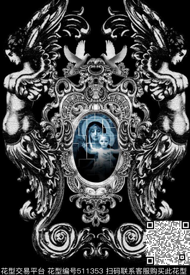 和平鸽卷草圣母数码印花华亿平台下载（图片编号: 511353） - 瓦栏（Walan）