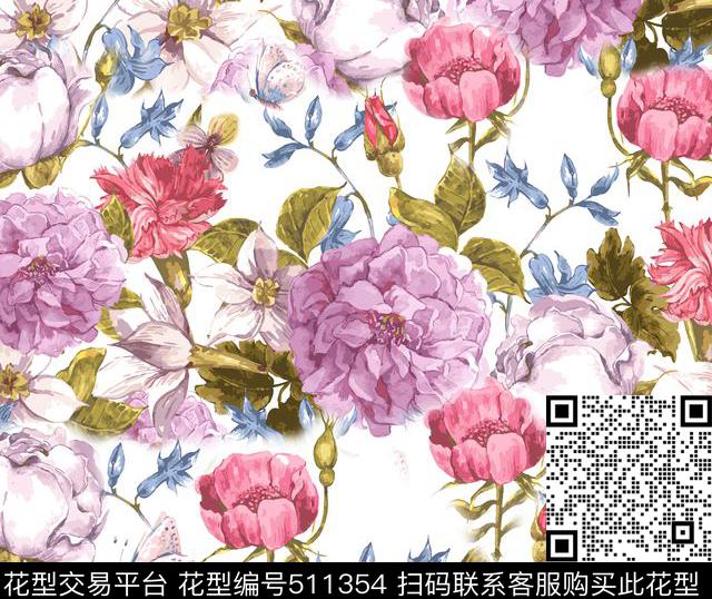 花卉花朵牡丹玫瑰数码印花华亿平台下载（图片编号: 511354） - 瓦栏（Walan）
