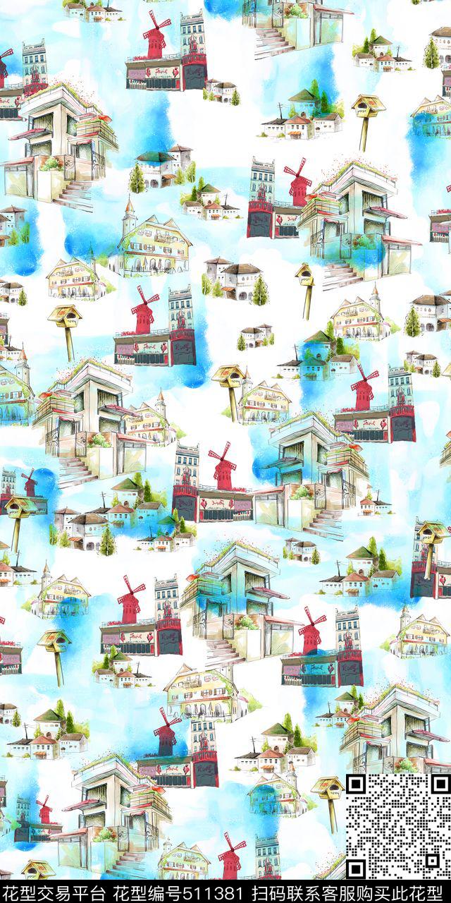 小清新手绘房子数码印花华亿平台下载（图片编号: 511381） - 瓦栏（Walan）